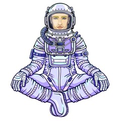 Animation figure of the man astronaut sitting in a Buddha pose. Meditation in space.  Color drawing. Vector illustration isolated on a white background.  Print, poster, t-shirt, card.