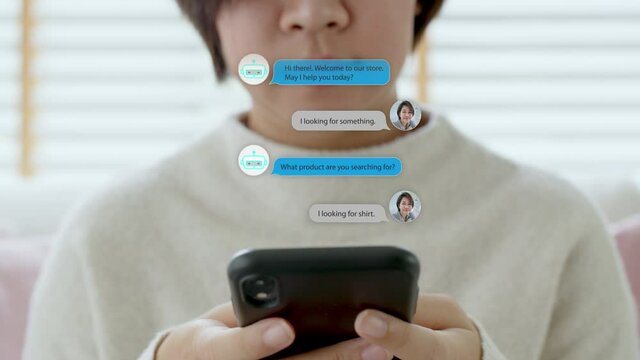 Close-up hand asian people use mobile phone happy buy online at home talk to ai shop store app ask data chat bot in sme social e-commerce web B2C crm iot pop up dialog text help seller smart life.