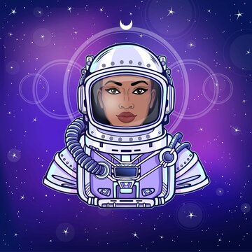 Animation Portrait Of The Black Woman Astronaut In A Space Suit. Color Drawing. Background - The Night Star Sky. Vector Illustration.  Print, Poster, T-shirt, Card.