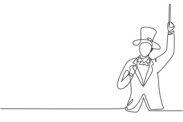 Single continuous line drawing magician with celebrate gesture wearing hat and holding magic stick ready to entertain audience at television show. One line draw graphic design vector illustration - obrazy, fototapety, plakaty