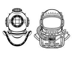 Human inventions: ancient diving helmet, astronaut`s suit. Past and future. Depth science. Vector illustration isolated on a white background.  Print, poster, t-shirt, card.
