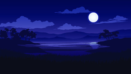 landscape with moon, lake and mountain