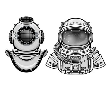 Human inventions: ancient diving helmet, astronaut`s suit. Past and future. Depth science. Vector illustration isolated on a white background.  Print, poster, t-shirt, card.