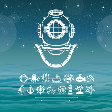Ancient diving helmet. Set of sea icons. A background - ocean waves, the night star sky. Vector illustration.