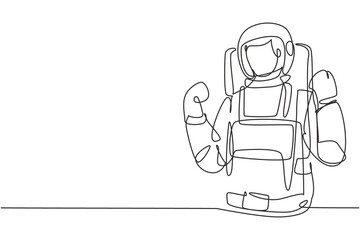 Single continuous line drawing astronaut with celebrate gesture wearing spacesuits to explore outer space in search mysteries of universe. Dynamic one line draw graphic design vector illustration