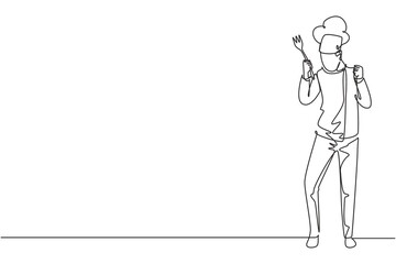 Continuous one line drawing chef stands with celebrate gesture, holding fork and wearing cooking uniform prepares ingredients to cook best dishes. Single line draw design vector graphic illustration