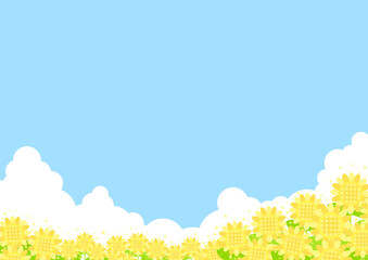 ひまわり畑と入道雲の背景イラスト