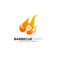 Barbecue logo with fire design vector, fire and spatula