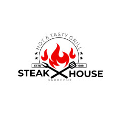 Barbecue logo with bbq logotype and fire concept , Spatula and fire icon