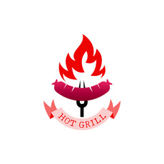 Grill logo with barbecue design vector, red color, steak icon