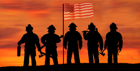 USA firefighter with nation flag. Greeting card for Firefighters Day , Patriot Day, Independence Day . America celebration.