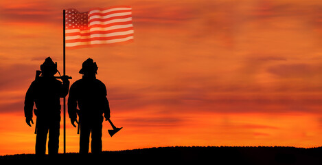 USA firefighter with nation flag. Greeting card for Firefighters Day , Patriot Day, Independence...