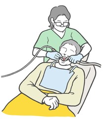 歯医者で女性歯科医師の治療を受ける若い男性