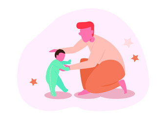 Father Helps Child Walk - Graphic Illustration