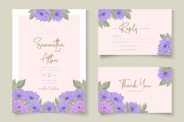 Wedding invitation card with purple chrysanthemum flower design