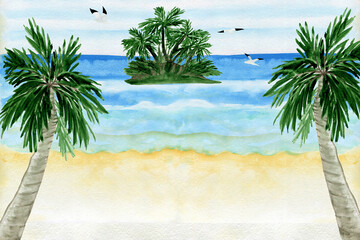 Watercolor background with sea and sky. Palm trees. An uninhabited island. Summer. Watercolour clip. Watercolor set for vacation. Design for postcards.