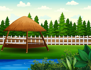 Background of a gazebo and small pond in the backyard