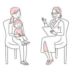 手描き1color 親子　診療・ 検診・診察　対面　女医