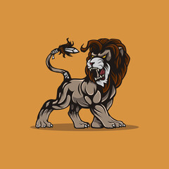 Roaring lion illustration with a knife on his tail
