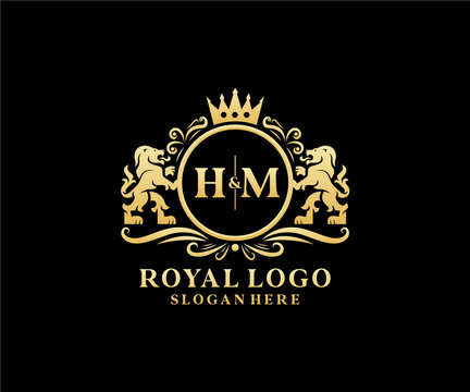 Initial HM Letter Lion Royal Luxury Logo template in vector art for Restaurant, Royalty, Boutique, Cafe, Hotel, Heraldic, Jewelry, Fashion and other vector illustration.
