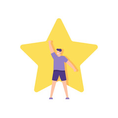 illustration of a man standing happily in front of a star. a concept of reviews, customer ratings, user feedback. flat style. vector design