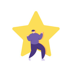 illustration of a man standing happily in front of a star. a concept of reviews, customer ratings, user feedback. flat style. vector design