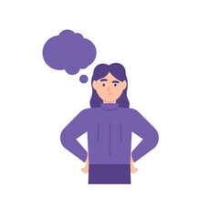 illustration of a woman who is thinking, thinking about something or an answer. problems and solutions. message bubble. flat style. vector design