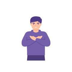 the male gave a stop signal, showed a sign of rejection or disagreement. the expression of the person with a disapproving face. say no. Nonverbal communication. flat style. vector design
