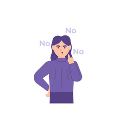The woman signals stopping, showing signs of rejection or disagreement. the expression of the person with a disapproving face. say no. Nonverbal communication. flat style. vector design