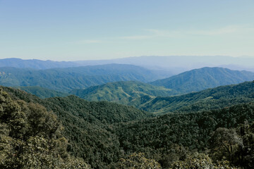 Obraz premium Tropical rainforest, mountain landscape and blue sky.