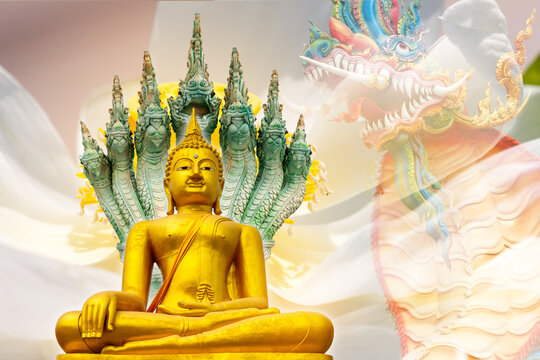 The golden Buddha image has a serpent behind it.