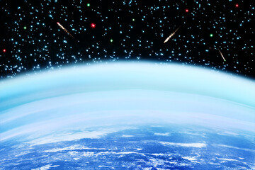 Cosmos landscape, blue planet surface, dark black sky, bright shiny stars, flying comets, Earth...