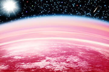 Cosmos landscape, red planet surface, dark black sky, shiny sun glow, stars, comets above Mars...