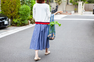 住宅街を歩く買い物帰りの妊婦