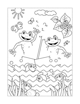 Frogs the sailors in a boat connect the dots full-page picture puzzle and coloring page
