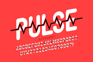 Heartbeat pulse line style font, alphabet letters and numbers vector illustration - obrazy, fototapety, plakaty