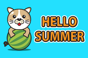 cute mascot dog hugging watermelon with hello summer greeting banner