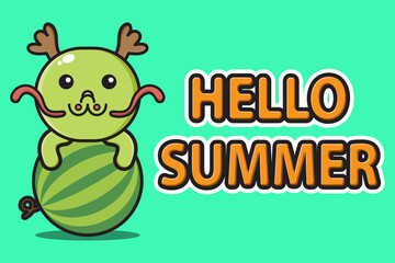 cute mascot doragon hugging watermelon with hello summer greeting banner