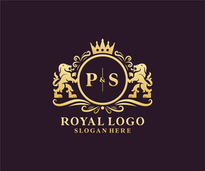 Fototapeta Initial PS Letter Lion Royal Luxury Logo template in vector art for Restaurant, Royalty, Boutique, Cafe, Hotel, Heraldic, Jewelry, Fashion and other vector illustration. obraz