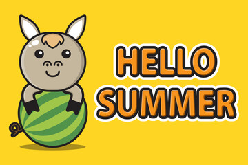 cute mascot goat hugging watermelon with hello summer greeting banner