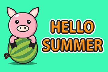 cute mascot pig hugging watermelon with hello summer greeting banner