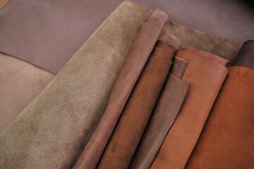  Leather pieces set .  Genuine leather in brown and gray colors.Leather industry. Hobby and craft...