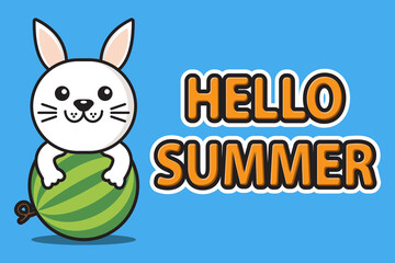 cute mascot rabbit hugging watermelon with hello summer greeting banner