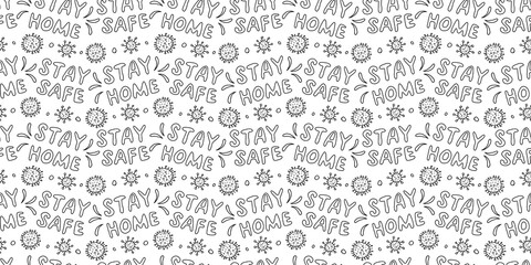 Vector seamless pattern with lettering - Stay home, Stay safe - and illustration of molecules, cells of virus. Theme of quarantine, self protection, isolation times and spread of coronavirus
