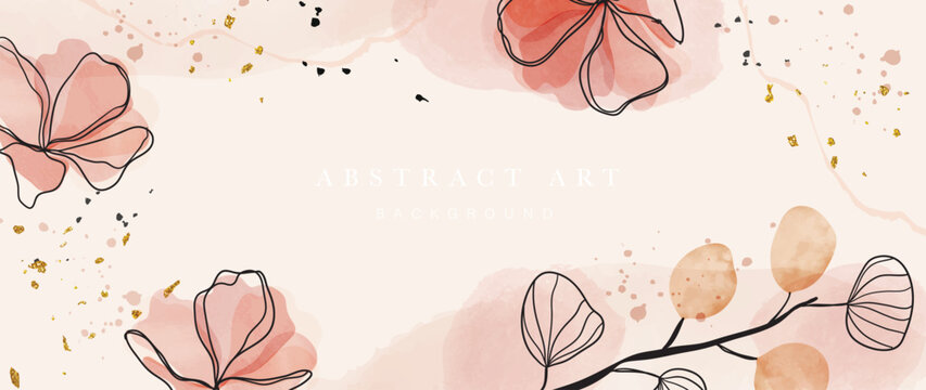Naklejki Abstract art background vector. Luxury minimal style wallpaper with golden line art flower and botanical leaves, Organic shapes, Watercolor. Vector background for banner, poster, Web and packaging. 