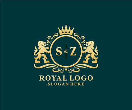 Initial SZ Letter Lion Royal Luxury Logo template in vector art for Restaurant, Royalty, Boutique, Cafe, Hotel, Heraldic, Jewelry, Fashion and other vector illustration.