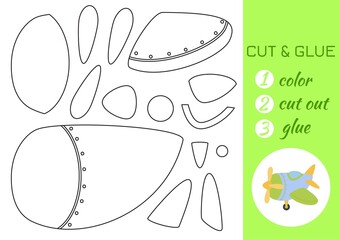 Color, cut and glue paper blue airplane. Cut and paste craft activity page. Educational game for preschool children. DIY worksheet. Kids logic game, activities jigsaw. Vector stock illustration.