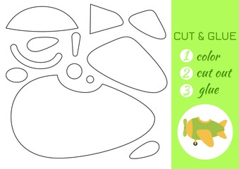 Color, cut and glue paper green airplane. Cut and paste craft activity page. Educational game for preschool children. DIY worksheet. Kids logic game, activities jigsaw. Vector stock illustration.