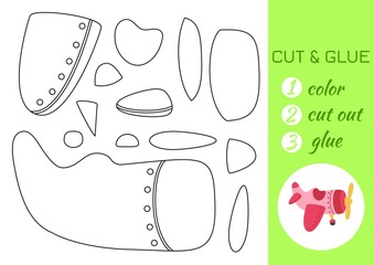 Color, cut and glue paper pink-red airplane. Cut and paste craft activity page. Educational game for preschool children. DIY worksheet. Kids logic game, activities jigsaw. Vector stock illustration.