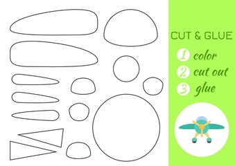 Color, cut and glue paper green airplane. Cut and paste craft activity page. Educational game for preschool children. DIY worksheet. Kids logic game, activities jigsaw. Vector stock illustration.